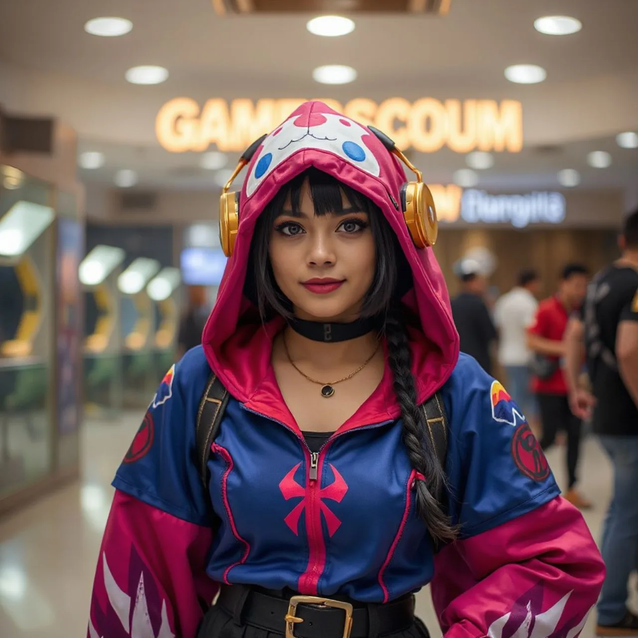 Emiru aparece em traje de cosplay, segurando um controle, ao fundo o logo da Gamerhood e equipamentos de TV