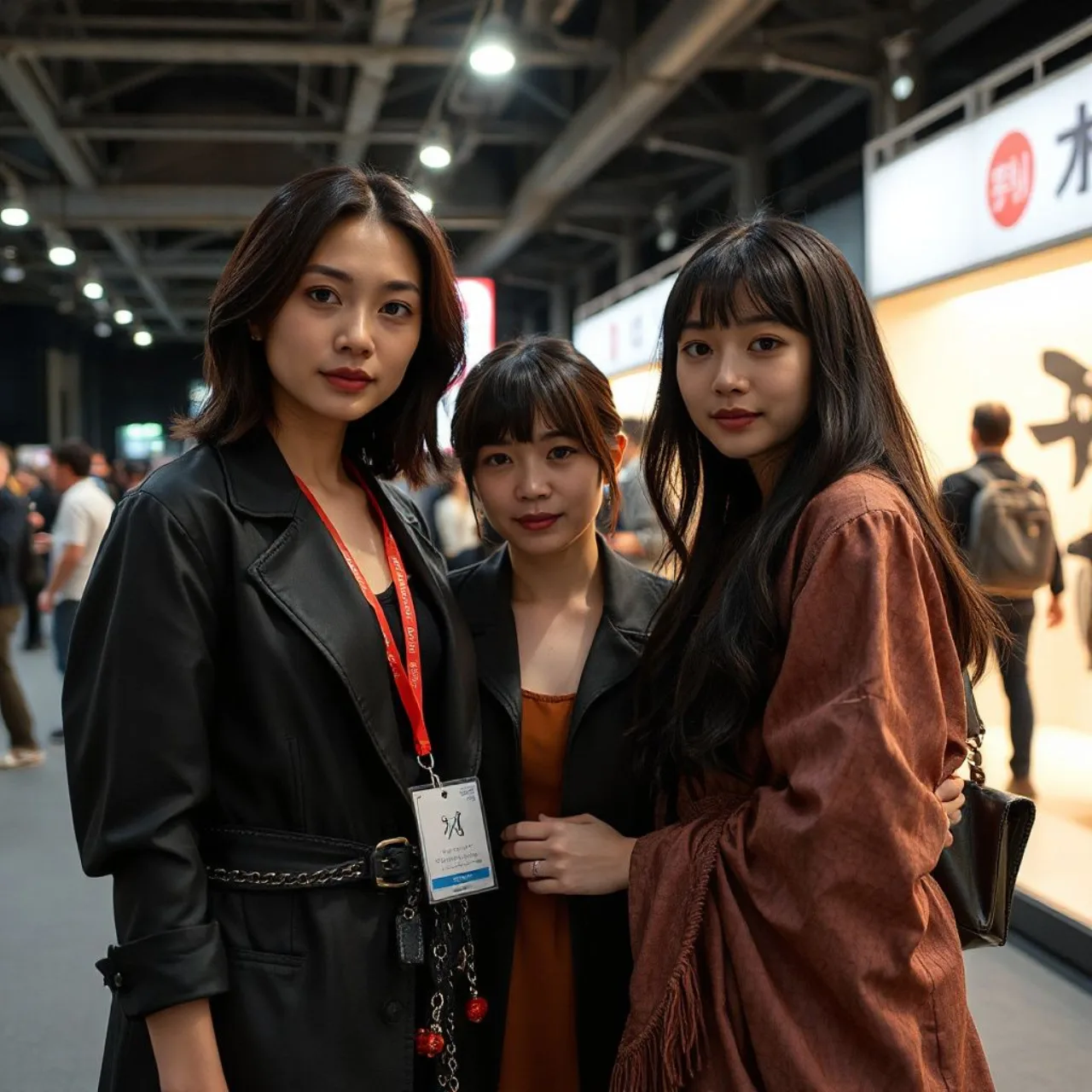 Raychell, Emi Nitta e Haruna Luna cantando energicamente, vestidas com roupas vibrantes, segurando microfones sob luzes de palco