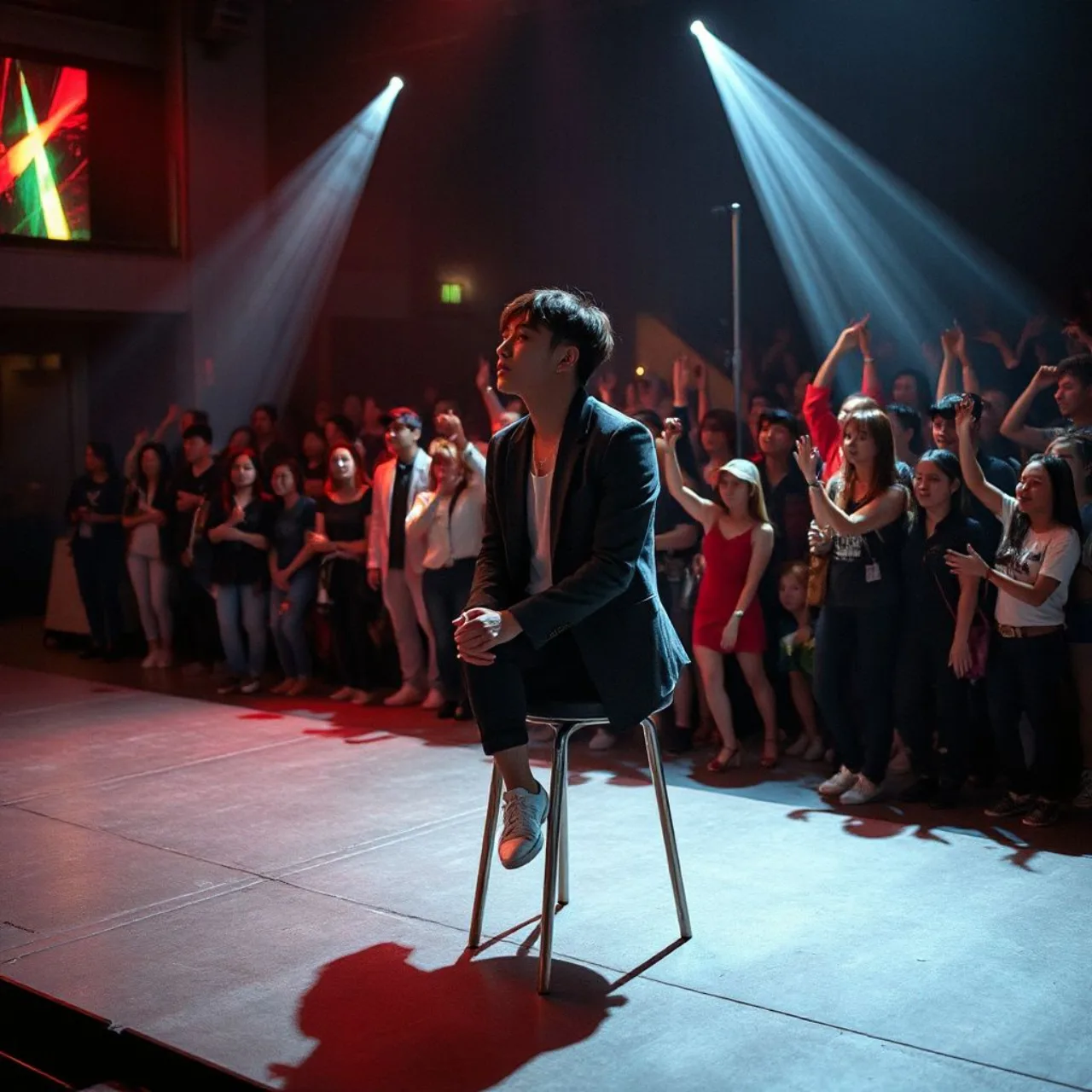 Jiyu do KiiiKiii sentada no palco cantando enquanto as demais integrantes dançam