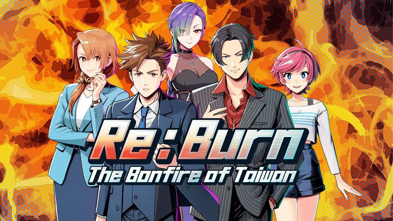 Logo de Re:Burn The Bonfire of Taiwan sobre fundo de skyline de Taipei, com personagem empunhando tocha e ícone Steam