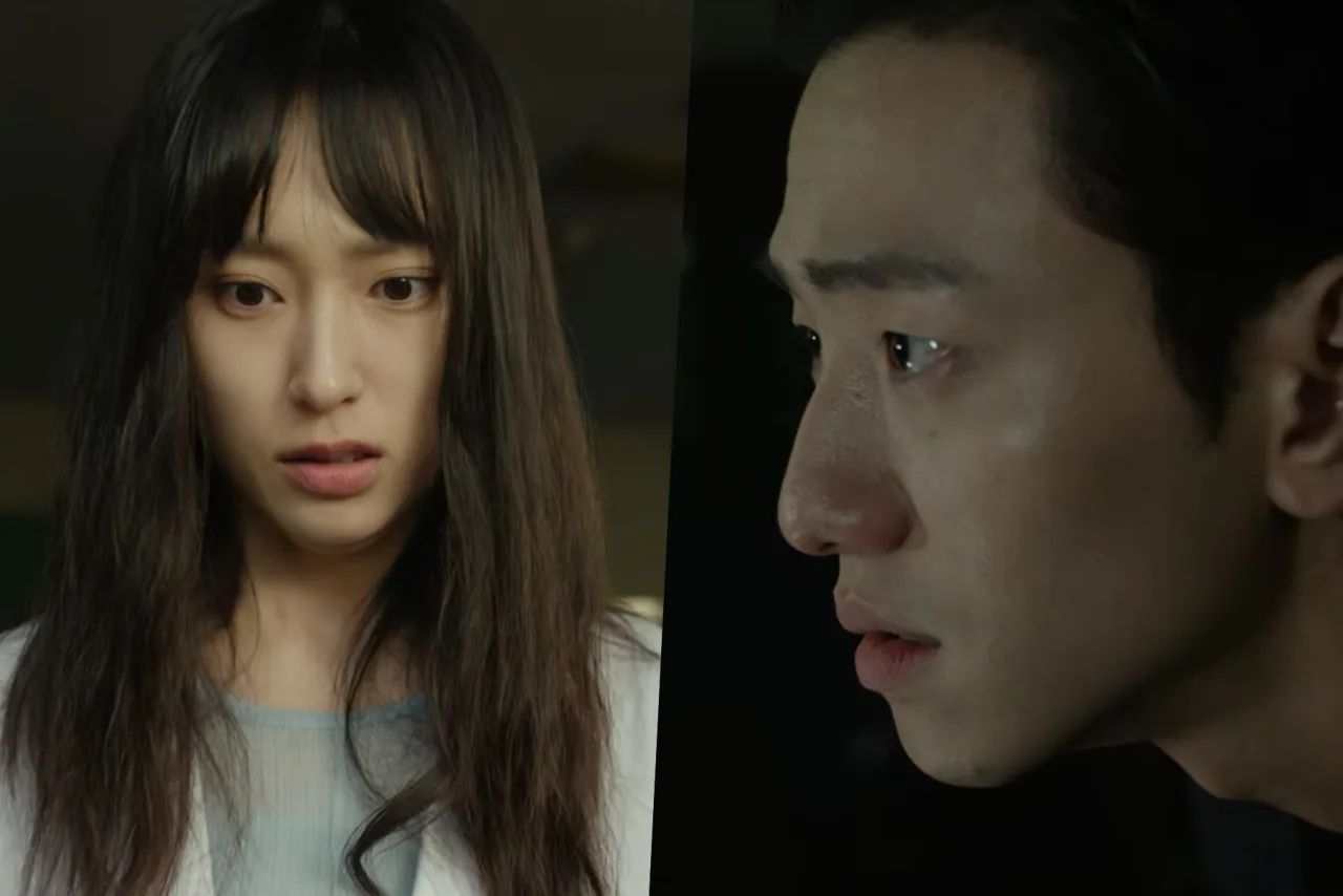 Ryu Hye‑Young e Nam Yoon‑Su correm assustados pelos corredores de um hospital abandonado, perseguidos por sombras