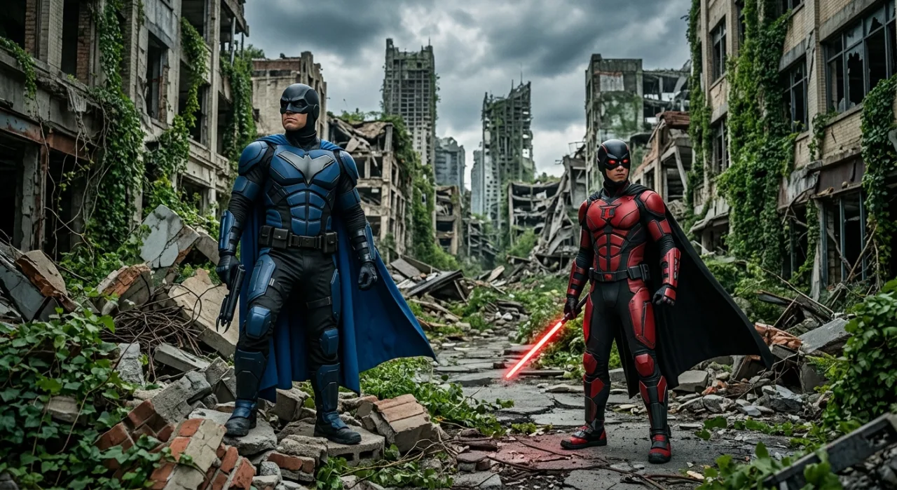 Dick Grayson como Nightwing e Damian Wayne juntos, rodeados por trepadeiras de Poison Ivy sobre Gotham