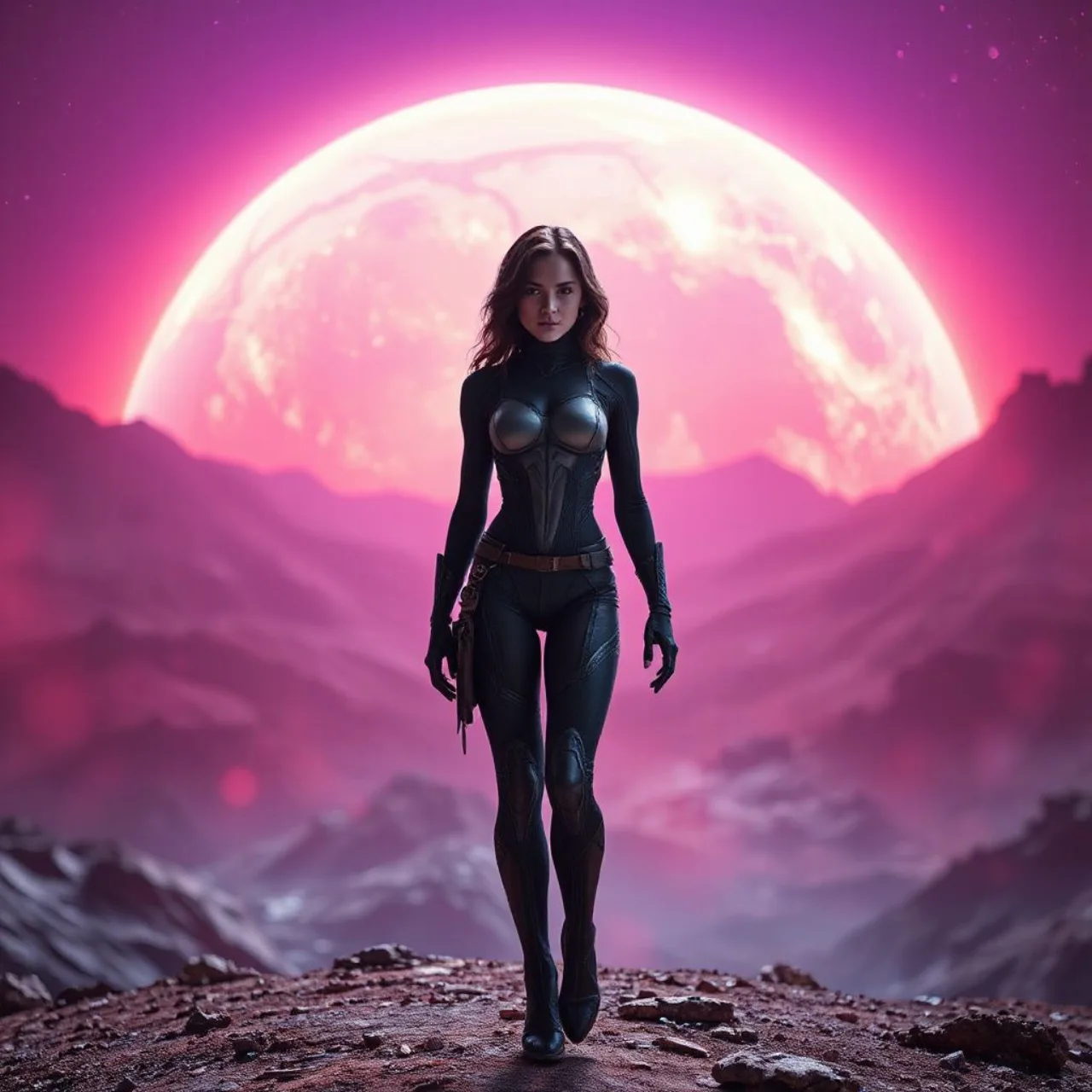 Starfire em traje vermelho, flutuando sobre o céu roxo de Tamaran, com o logotipo da DC All‑In ao fundo