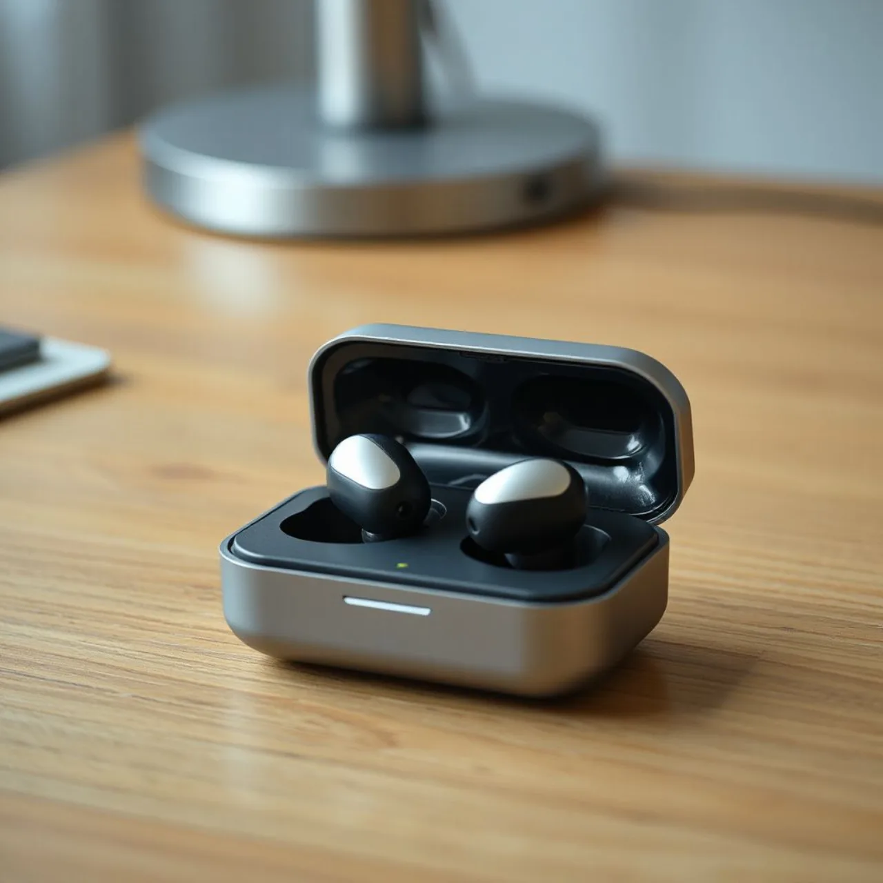 Caixa dos Soundcore Liberty 5 Pro com tela exibindo nível de bateria ao lado dos fones de ouvido brancos