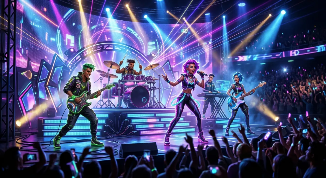 Mugendai MewType no palco, luzes neon e logo da banda, enquanto a capa do MV 'mugamuchu' brilha ao fundo