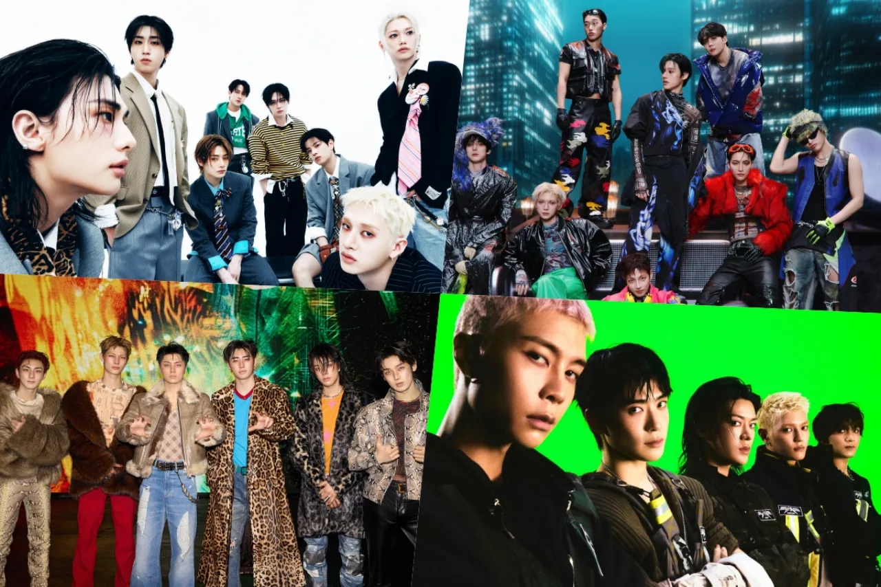 Membros de Stray Kids, ATEEZ, ENHYPEN e NCT 127 posam ao lado de troféus Platinum da Circle Chart