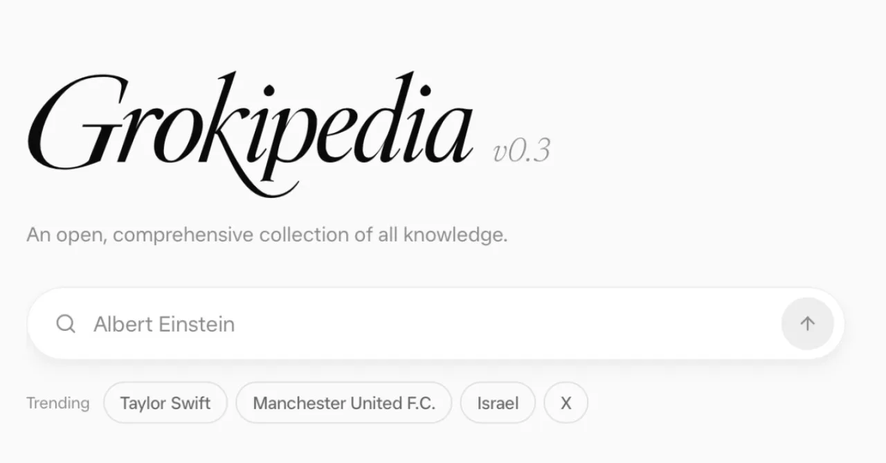 Tela de computador exibindo o novo logo da Grokipedia e a interface renovada da página inicial
