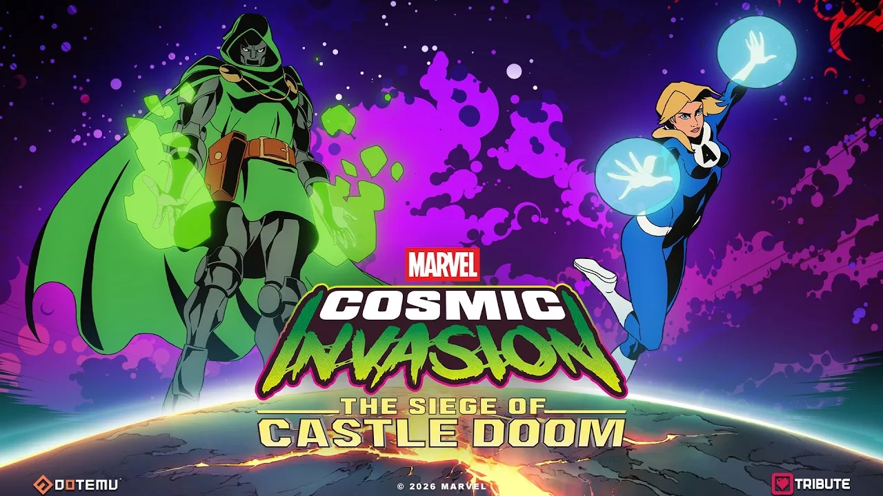 Sue Storm flutuando ao lado de Doutor Destino em armadura dourada, sobre o logo de Marvel Cosmic Invasion