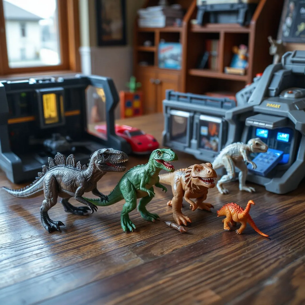 Um dinossauro verde com armadura futurista carregando um piloto de capacete ao lado do logo Dino‑Riders