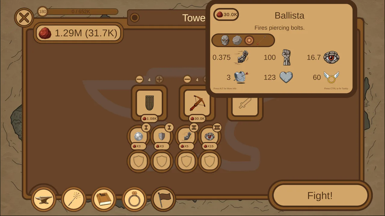 Tela da forja com a melhoria Ballista entre as batalhas de Anvira: Forge Defense