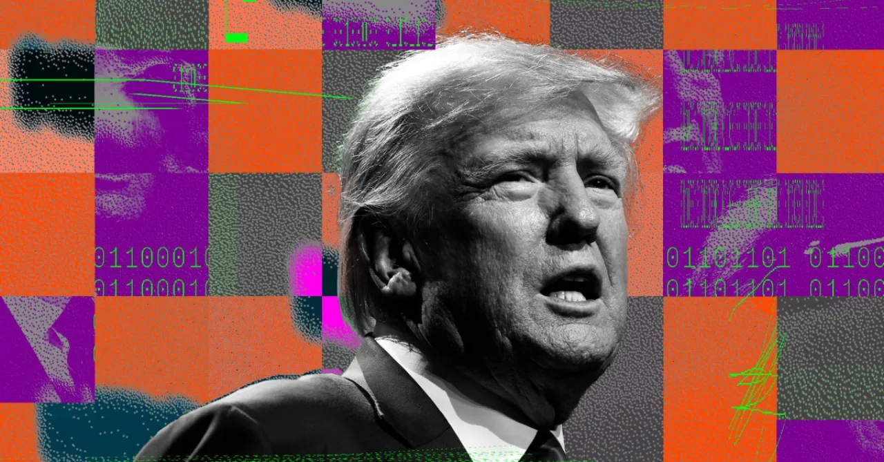 Donald Trump discursa em pódio com telão exibindo circuitos neurais e logotipo "AI Force