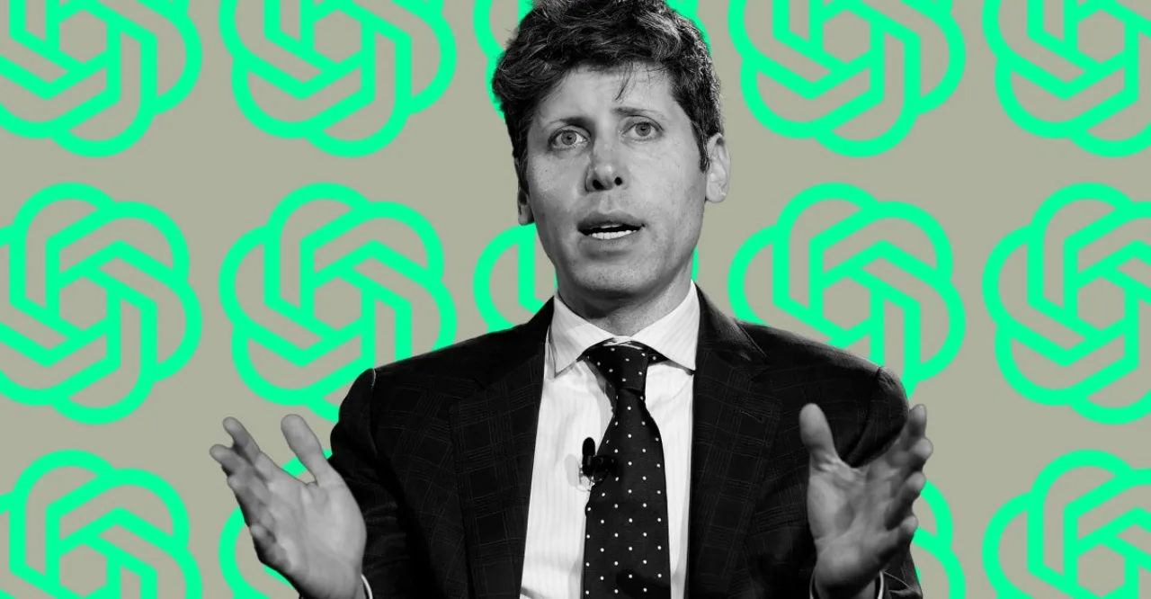 Sam Altman no palco do DevDay, ao fundo o logotipo da OpenAI e um gráfico de bolsa com a palavra IPO riscada