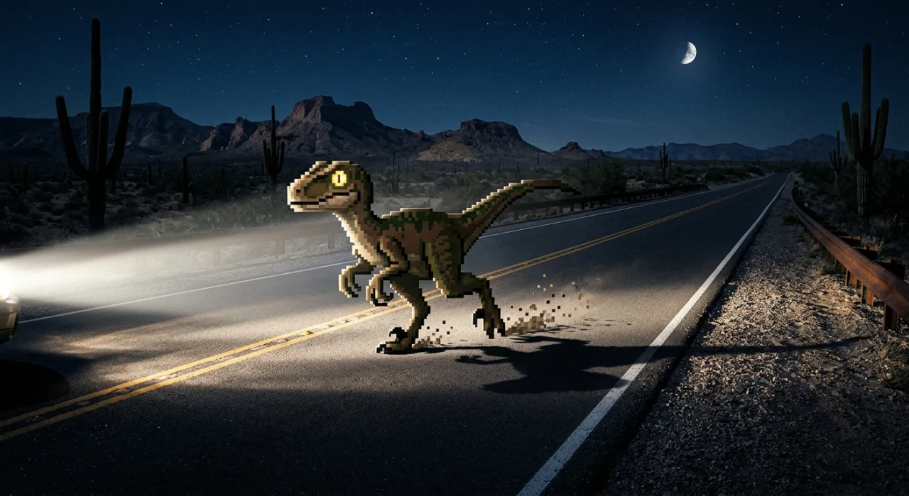 Lizard pixelado corre nas paredes de um deserto neon, com céu ao pôr‑sol e logo retro do Terrible Lizards ao fundo