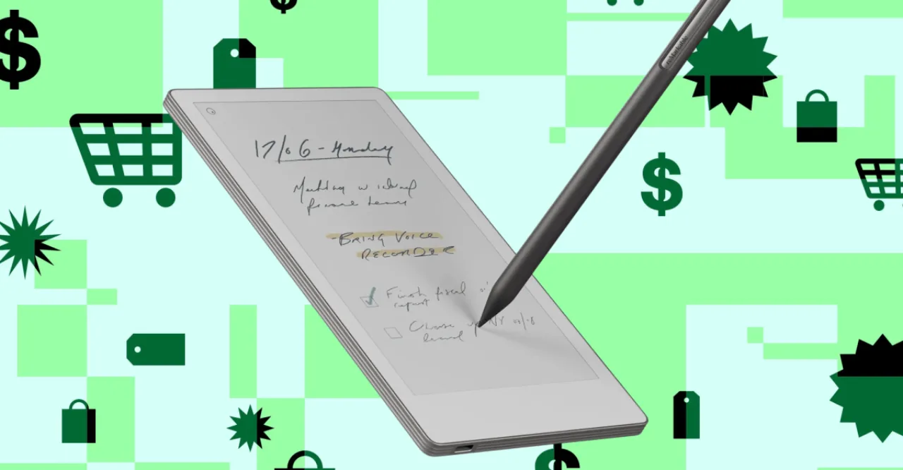 Tablet reMarkable Paper Pro Move refurbished com caneta Marker Plus sobre uma mesa, exibindo a capa Book Folio