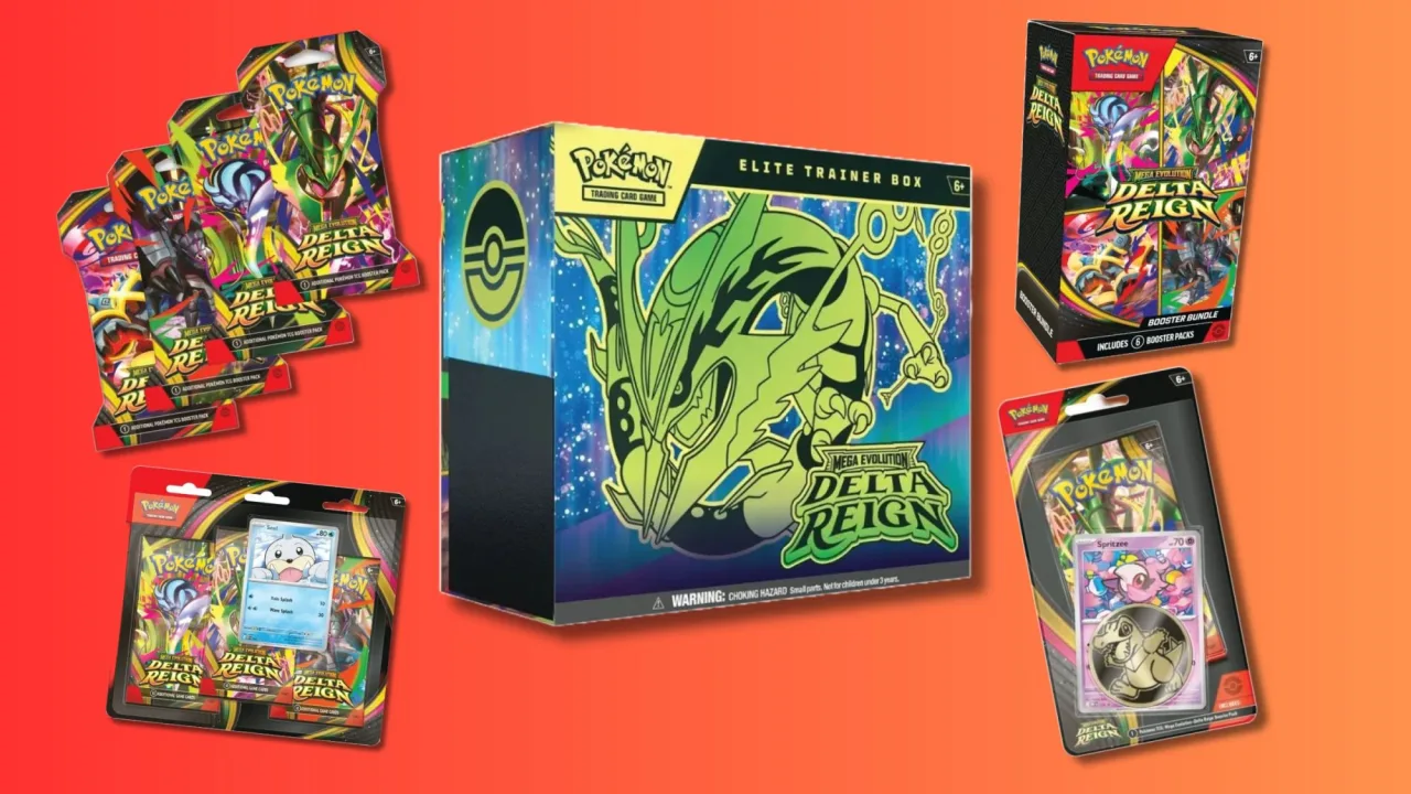 Caixa de booster da expansão Delta Reign ao lado de cartas destacadas e o logotipo da série