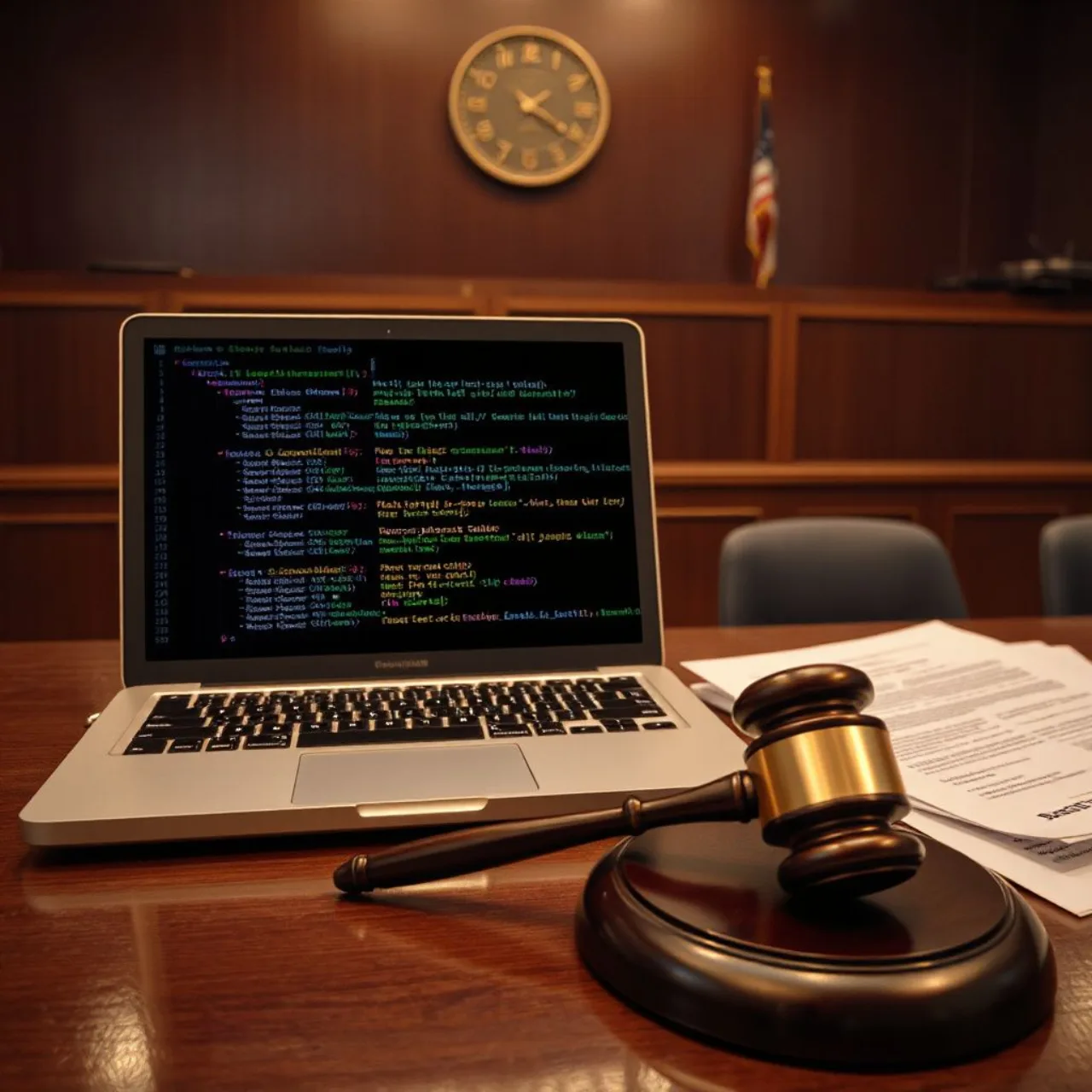 Stephen Aarons, de terno, ao lado de um martelo judicial e um holograma de cérebro digital representando IA