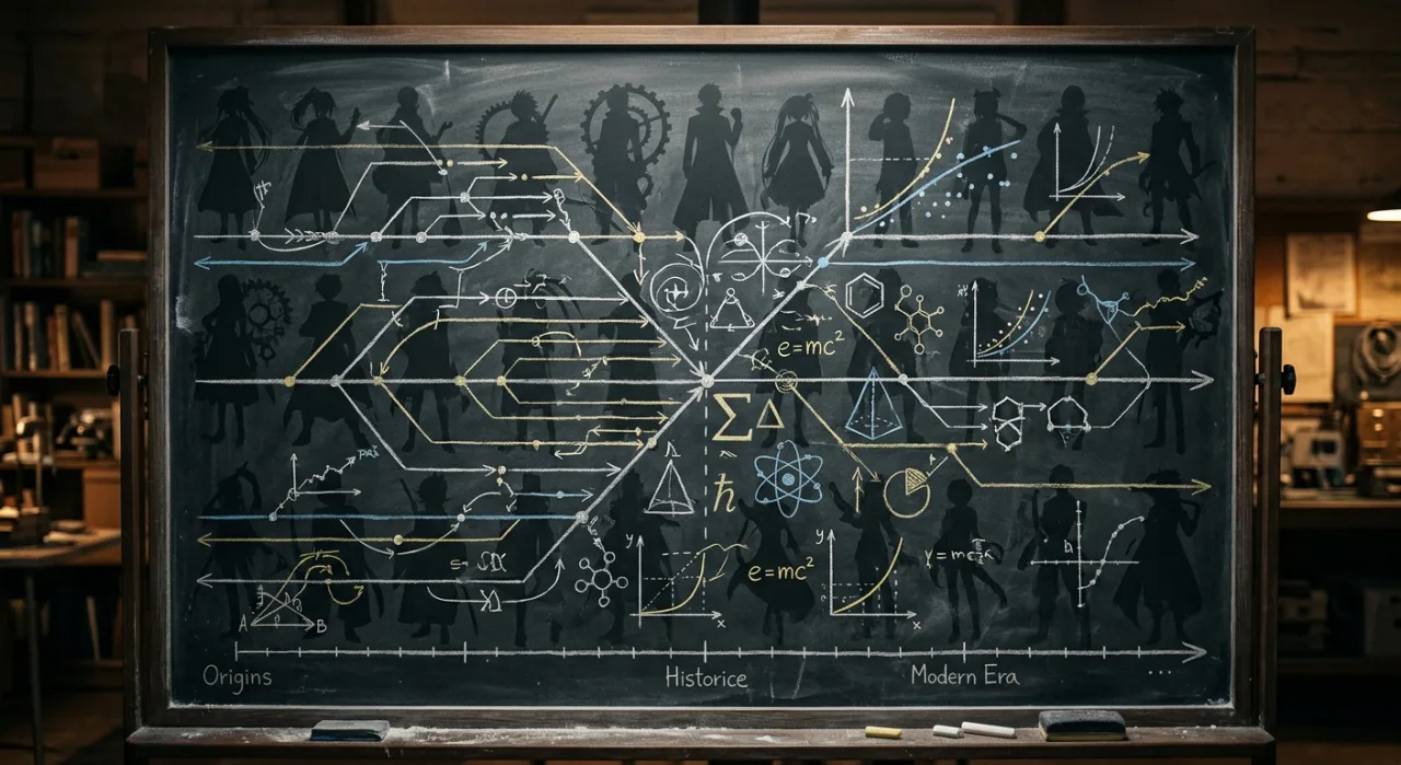 Logotipos dos animes Steins;Gate, Chaos;Head, Robotics;Notes, Occultic;Nine e Chaos;Child alinhados em uma linha temporal
