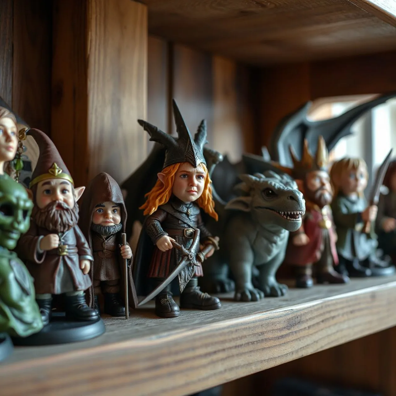 Figuras Funko Pop! de Bilbo, Gandalf, Thorin, Fili, Kili, Balin e Oin alinhadas sobre fundo da Terra‑média