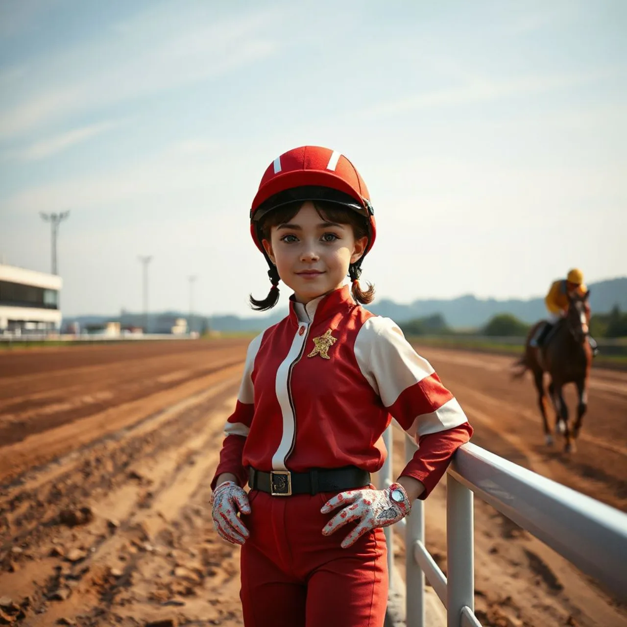 Estátua gigante de Forever Young, de Umamusume, ao lado do logo da Cygames na pista da Breeders’ Cup Sprint