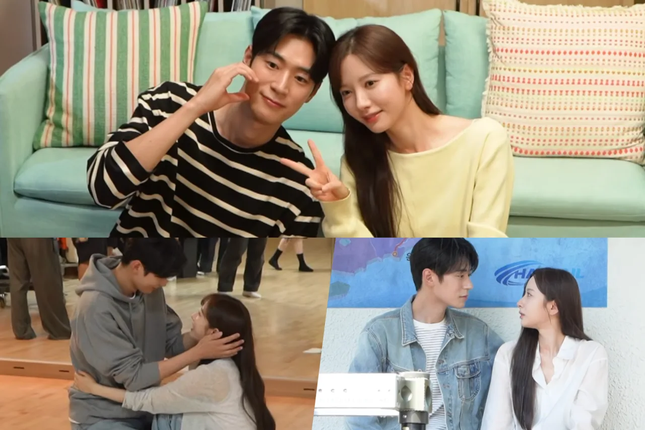 Kim Ji Yeon e Park Seo Ham trocam olhares carinhosos na cozinha, com sushis ao fundo e um refrigerador alto