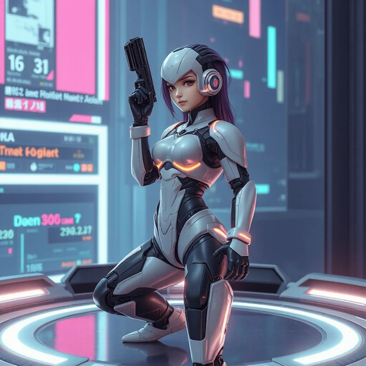 Personagem RoboGAL: Gaga Delta Lady em pixel art, vestindo armadura azul estilo Mega Man com traços de anime
