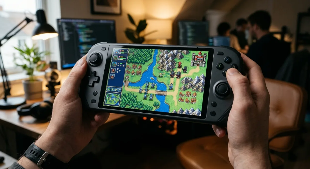 Neo Geo Pocket exibindo a tela de Civilization com mapa pixelado e o logo clássico do 4X ao fundo