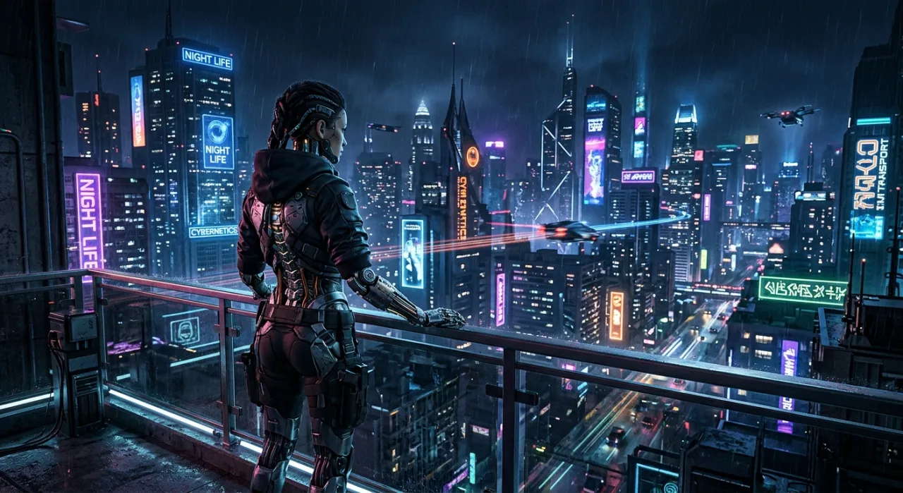 David Martinez e Lucy em Night City, com o logo da atualização 2.5 e o emblema da CD Projekt Red ao fundo