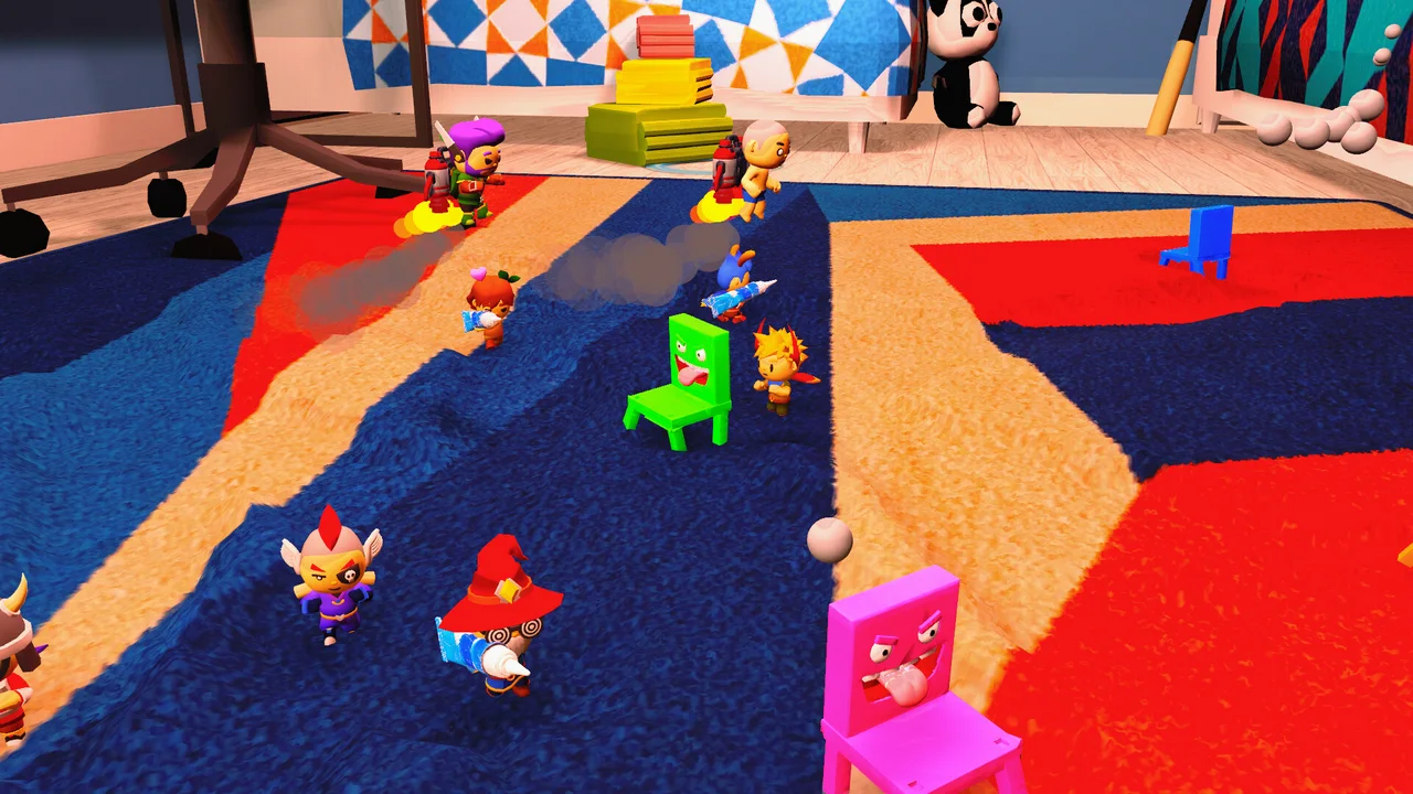 Personagens perseguem cadeiras vivas em um quarto gigante no jogo Chair Chase
