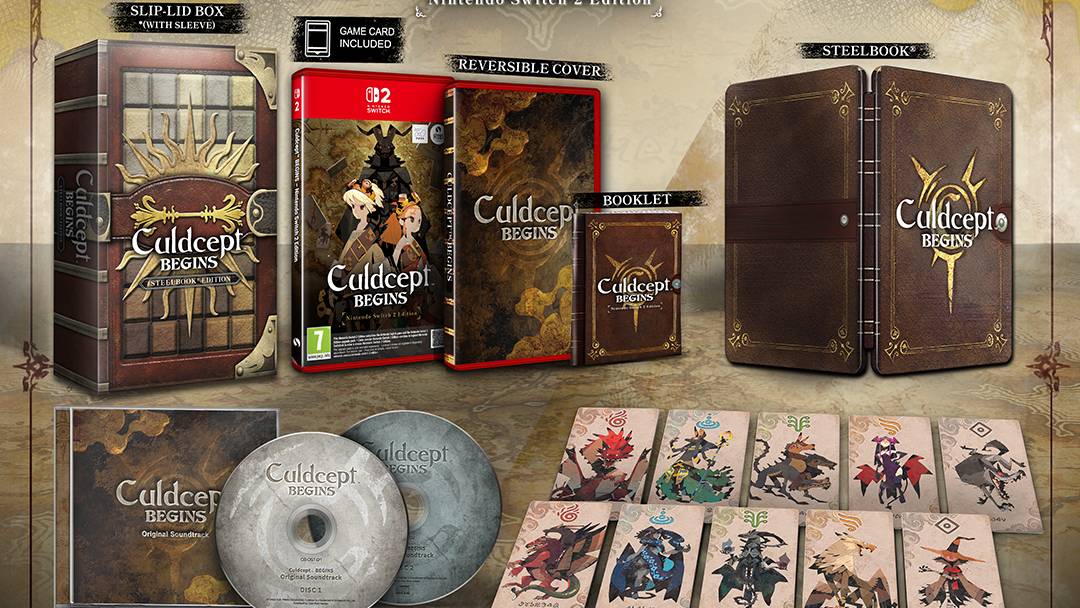 Dois caixas físicas de Culdcept BEGINS ao lado de um Nintendo Switch 2, com o logo colorido do jogo em destaque