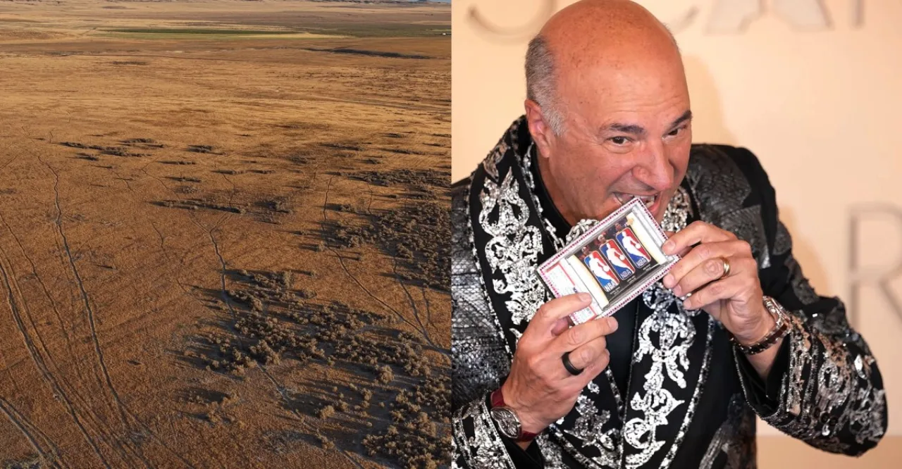 Kevin O’Leary e placas de protesto contra o data center Wonder Valley, guindastes e deserto de Utah ao fundo