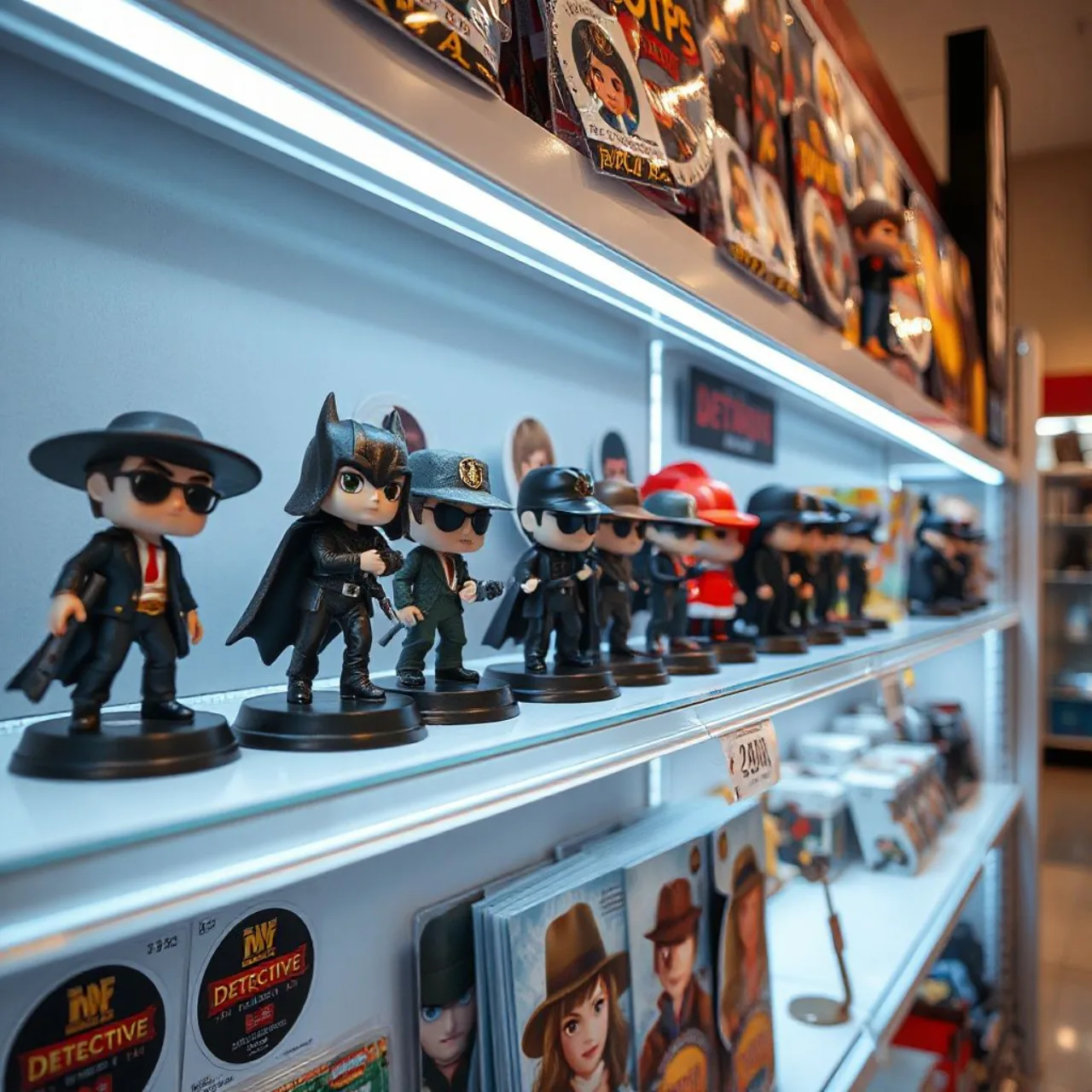 Monokuma e figuras acrílicas de Danganronpa em prateleira de loja 100‑yen, com adesivos e cards colecionáveis