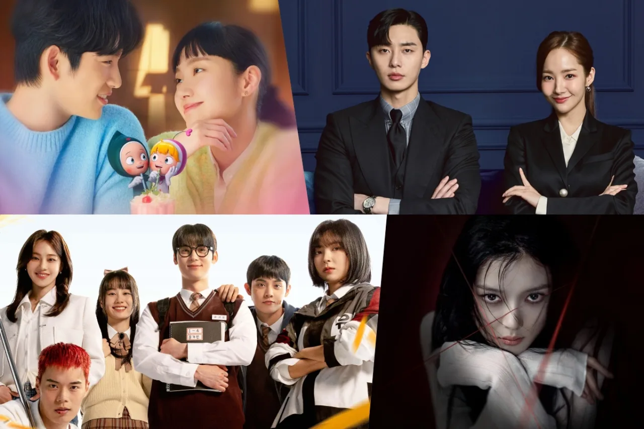 Montagem com pôsteres de quinze K‑dramas famosos, destaque ao logo da Viki e bandeira sul‑coreana ao fundo