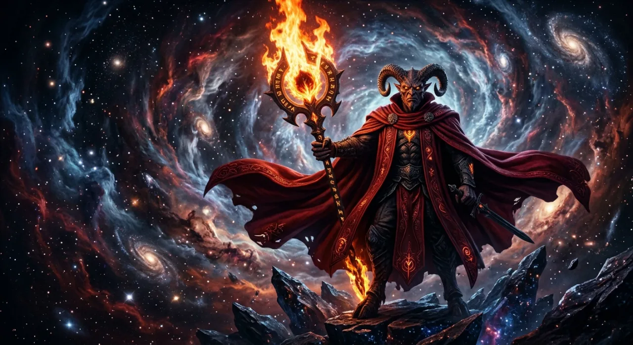 Mephisto de capa vermelha, cercado por chamas, segurando um trono infernal, com o logo Earth X ao fundo