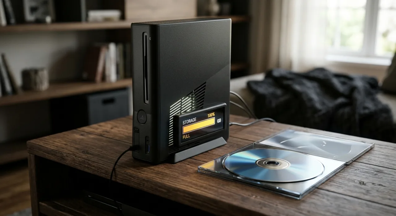 Console PS5 com logo de GTA 6 na tela, ao lado de um ícone de HD exibindo barra de armazenamento enorme
