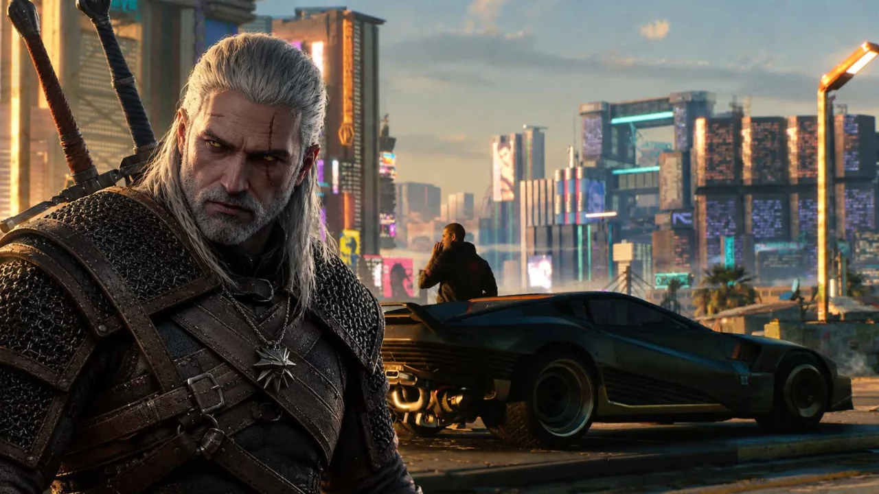 Geralt e V vestindo armaduras combinadas, com a espada de prata e o emblema da Lobo ao fundo neon