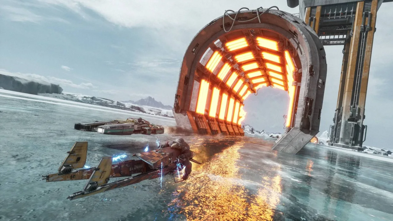Tela do Galactic Racer mostra podracer em alta velocidade, HUD futurista com medidores e logo de Star Wars ao fundo