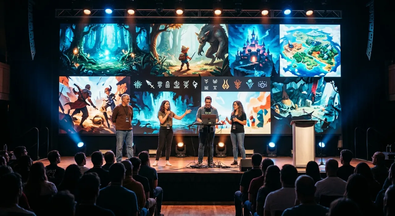 Logo da Top Hat Studios sobre fundo escuro com data 2/11 e silhuetas de personagens de seus próximos jogos