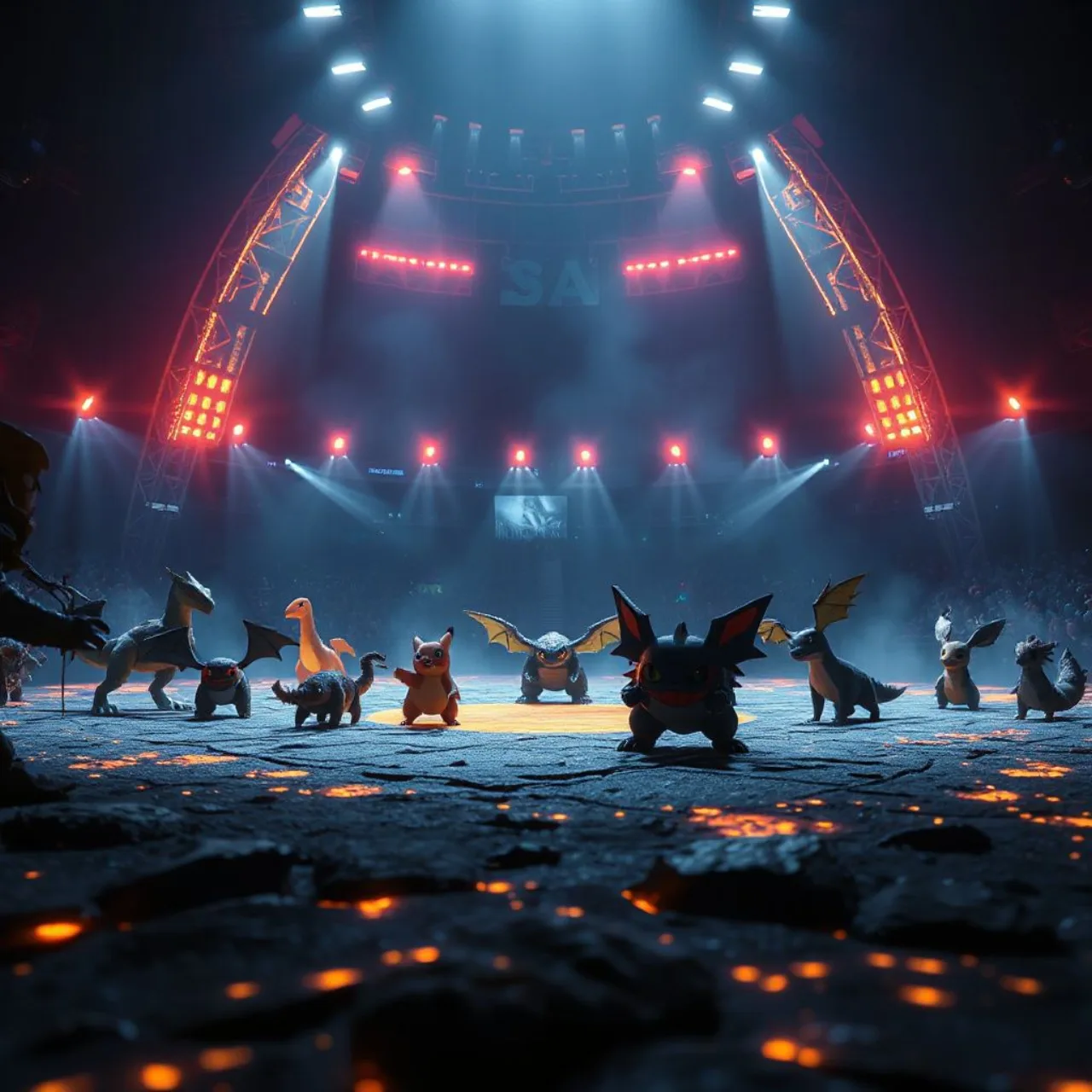 Mega Golisopod, Pawmot, Mega Salamence, Rillaboom e Indeedee fêmea em destaque, com o logo Pokémon Champions ao fundo