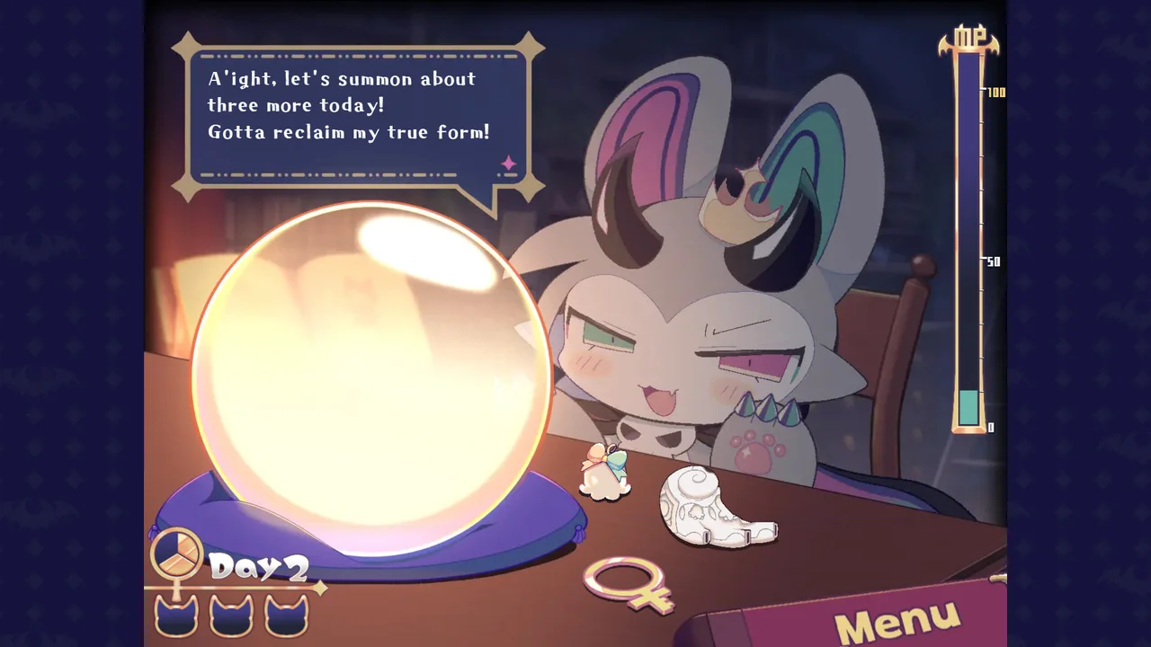 Devilun, o demônio de Devil Connection, ao lado de uma bola de cristal