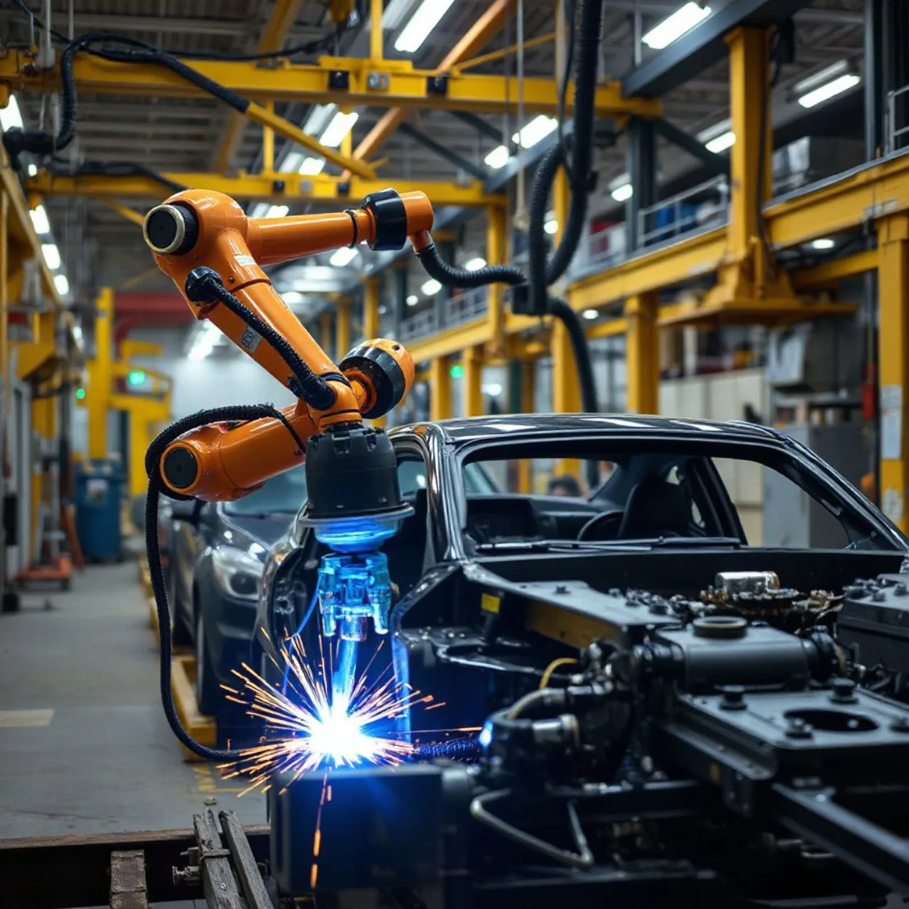 Trump assina proclamação sobre robôs industriais com fábrica automatizada ao fundo