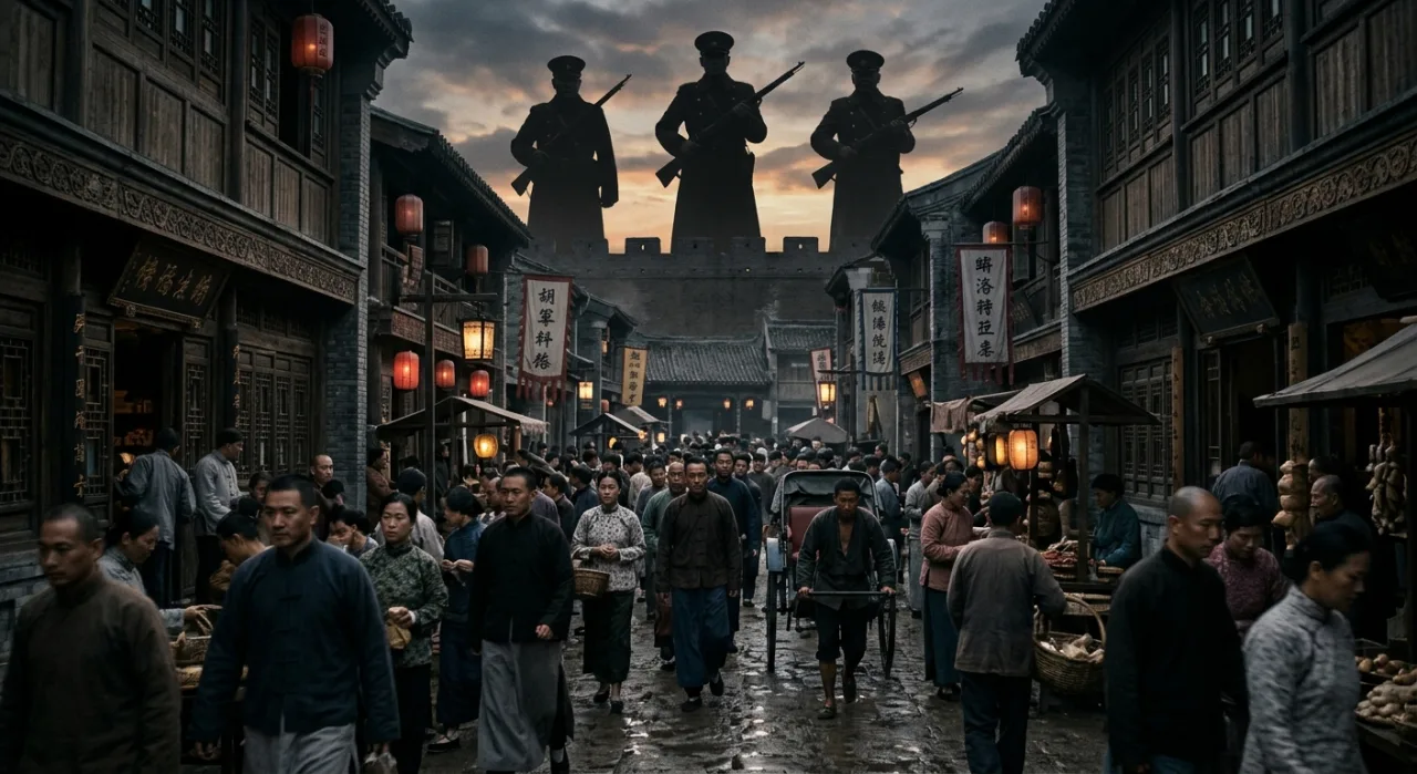 Ryan Cheng como Chang Xuan com Ye Ping Jun, em trajes da China dos anos 1920, e o título 'The Lament of Autumn