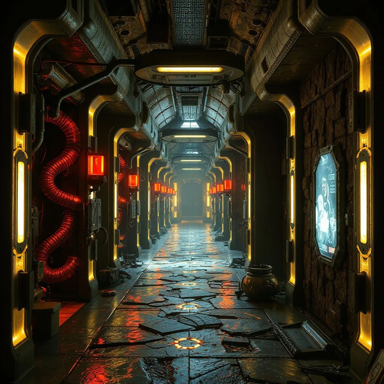 Captura de tela em primeira pessoa mostra corredor sci-fi iluminado por neon, HUD minimalista e interface da dungeon inicial