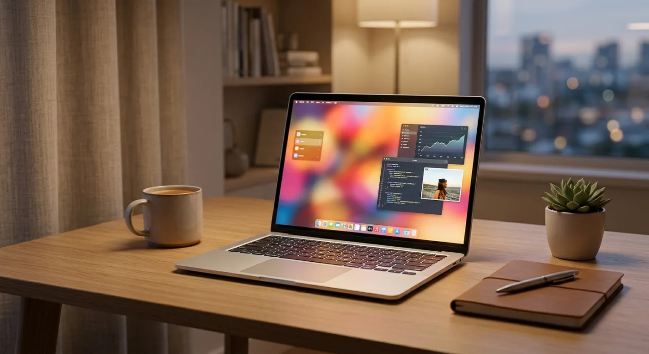 Palco iluminado com logo da Apple ao fundo e um MacBook Pro prateado sobre a mesa, antecipando o evento 'Pro and tell
