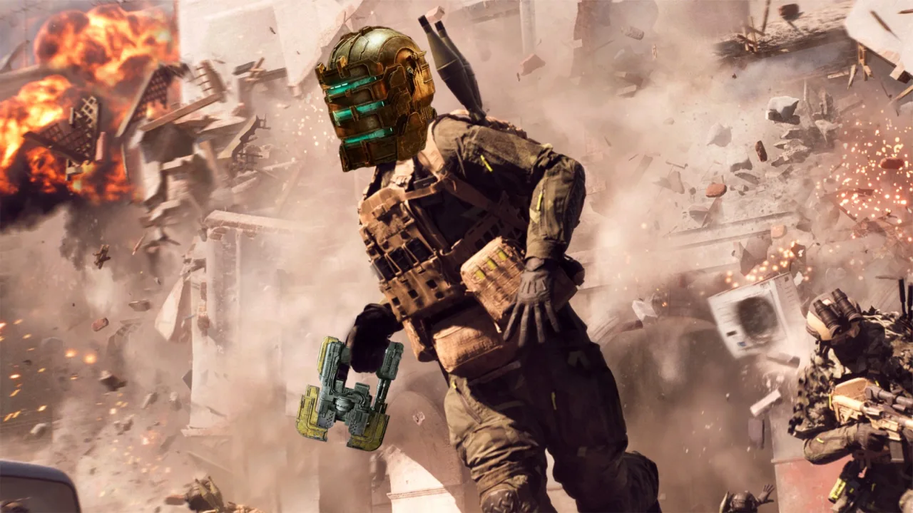 Soldado de Battlefield 6 empunhando um plasma cutter ao lado do icônico marcador de Dead Space em fundo de Las Vegas