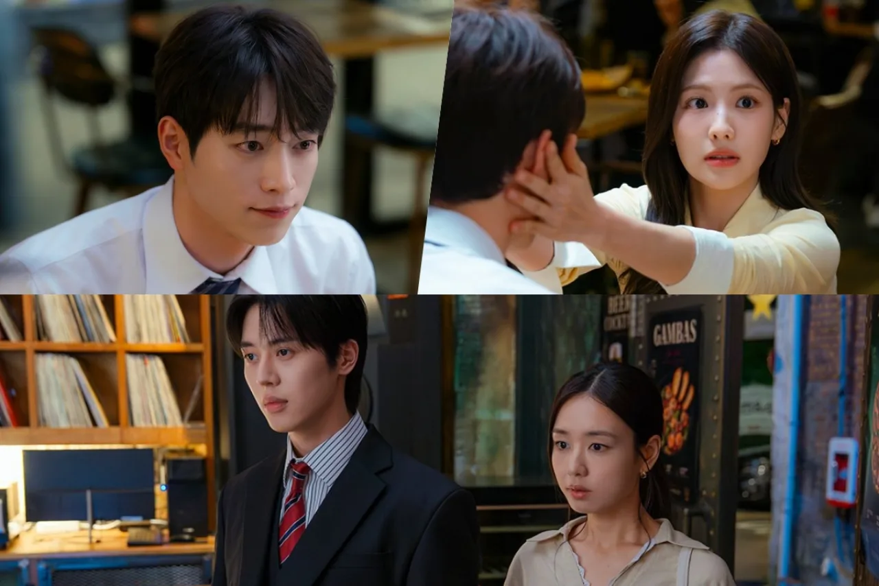Seo Kang Jun e Ahn Eun Jin aparecem lado a lado, trocando olhares tensos no corredor iluminado da série