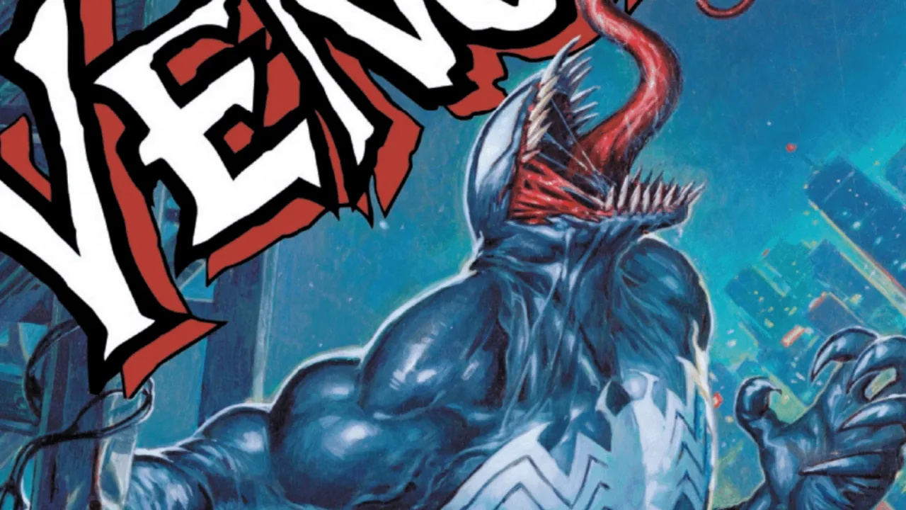 Eddie Brock veste a jaqueta preta enquanto o simbionte Venom surge ameaçador ao fundo, com o título da HQ em destaque