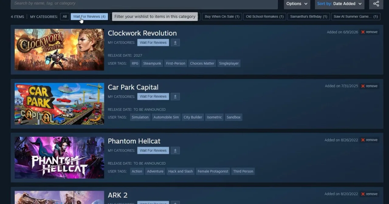 Imagem ilustrativa: Steam Wishlist ganha categorias: como isso muda sua lista de desejos?
