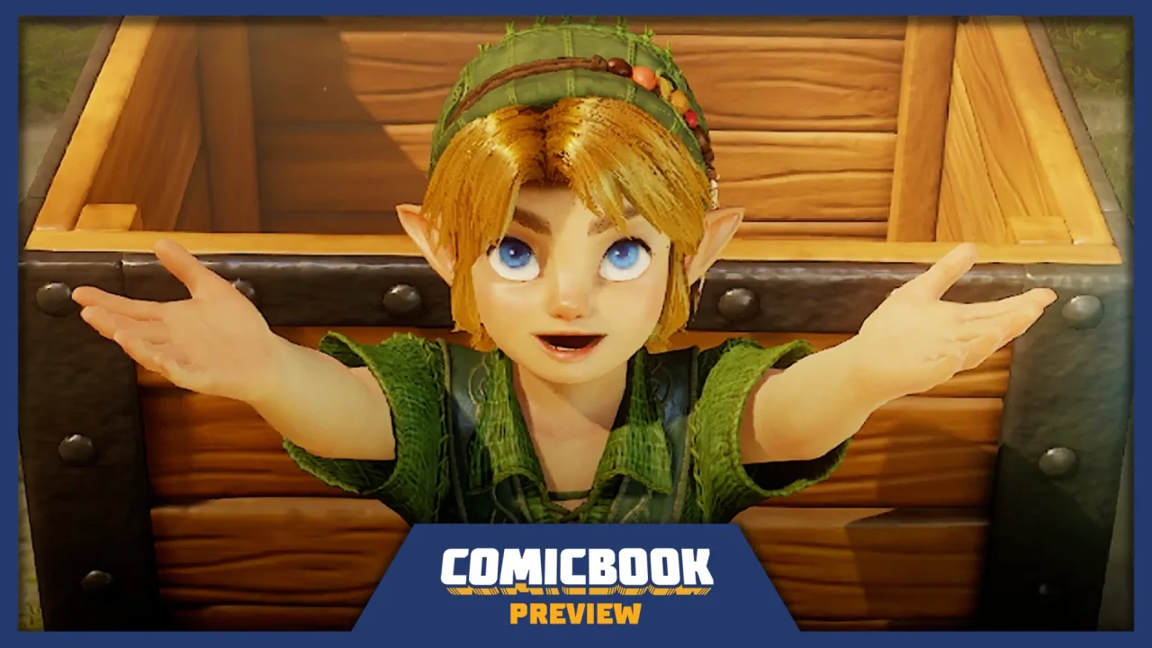 Link empunhando a Master Sword ao lado de um Switch 2, com o logo de Ocarina of Time ao fundo