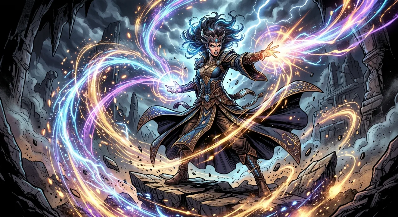 Wanda Maximoff, vestida de Feiticeira Escarlate, flutuando sobre um portal mágico com energia vermelha