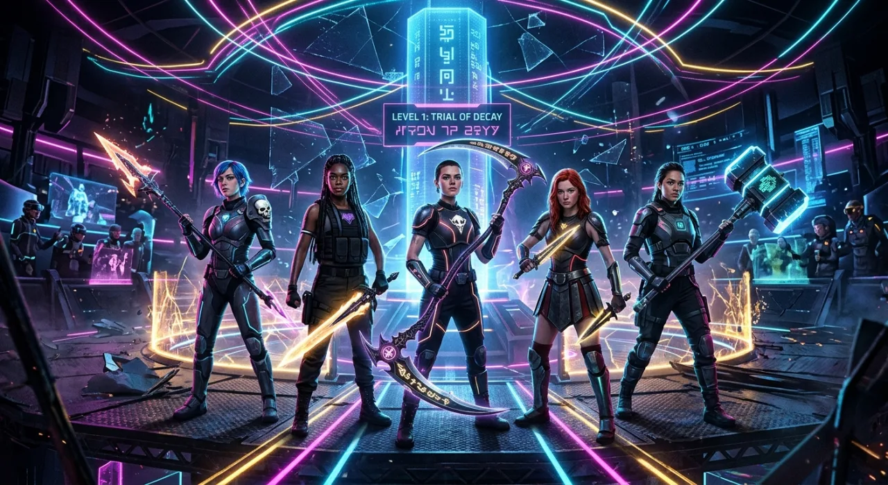 Magical Daisy caindo, cercada por luzes, ao lado das outras garotas e o logo de Magical Girl Raising Project Restart